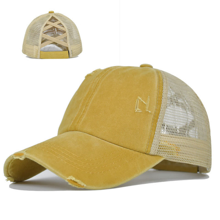 Criss Cross Distressed Mesh Washed Cotton Baseball Cap - Yellow - Adjustable (About 21 5/8"-22 7/8") - image 4