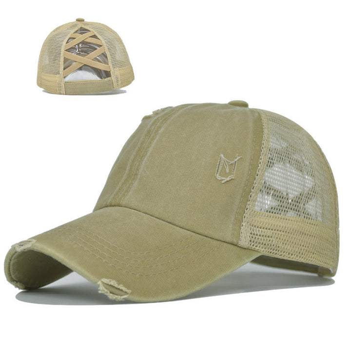 Criss Cross Distressed Mesh Washed Cotton Baseball Cap - Khaki Green - Adjustable (About 21 5/8"-22 7/8") - image 5
