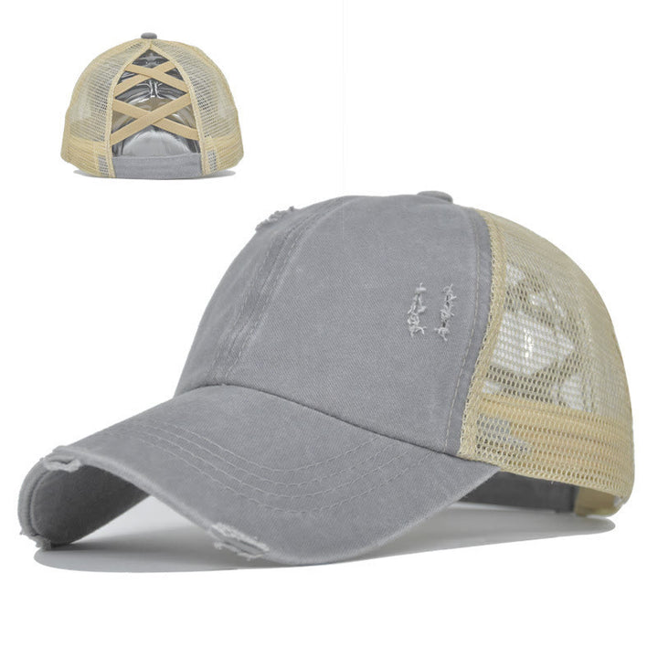 Criss Cross Distressed Mesh Washed Cotton Baseball Cap - Grey - Adjustable (About 21 5/8"-22 7/8") - image 8