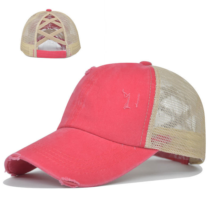 Criss Cross Distressed Mesh Washed Cotton Baseball Cap - Watermelon Red - Adjustable (About 21 5/8"-22 7/8") - image 9