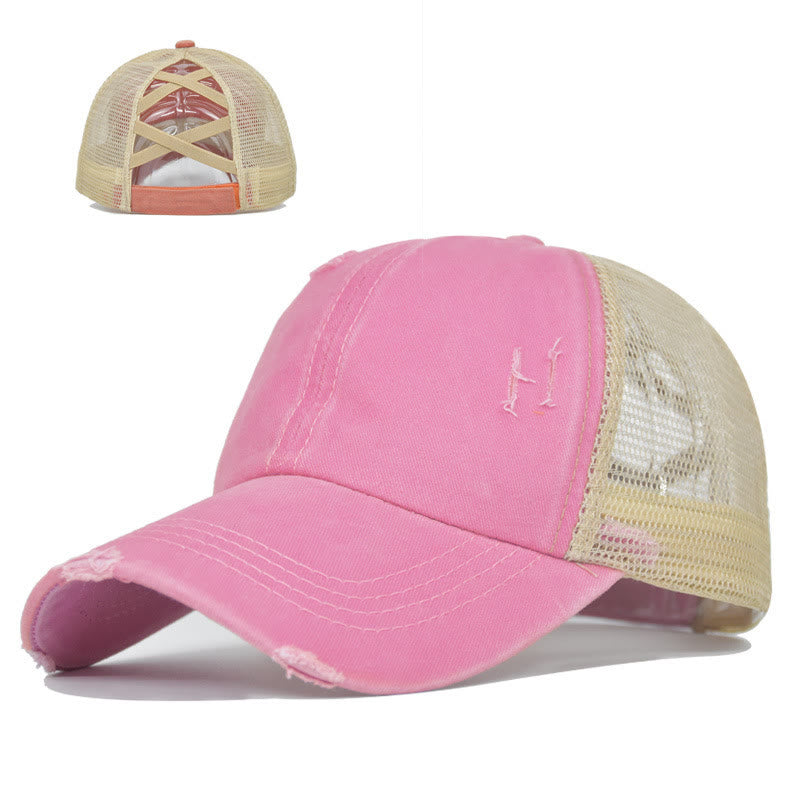 Criss Cross Distressed Mesh Washed Cotton Baseball Cap - Pink - Adjustable (About 21 5/8"-22 7/8") - image 6