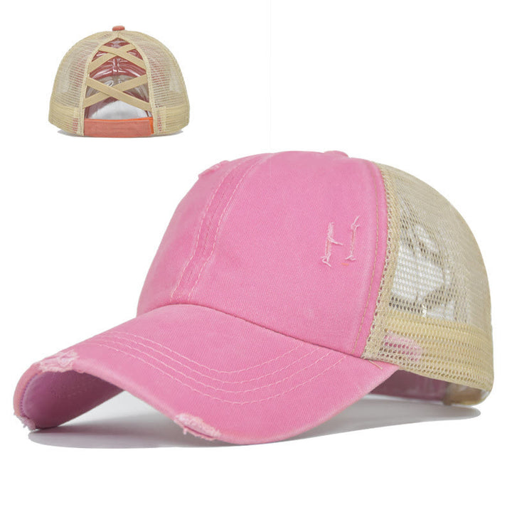 Criss Cross Distressed Mesh Washed Cotton Baseball Cap - Pink - Adjustable (About 21 5/8"-22 7/8") - image 6