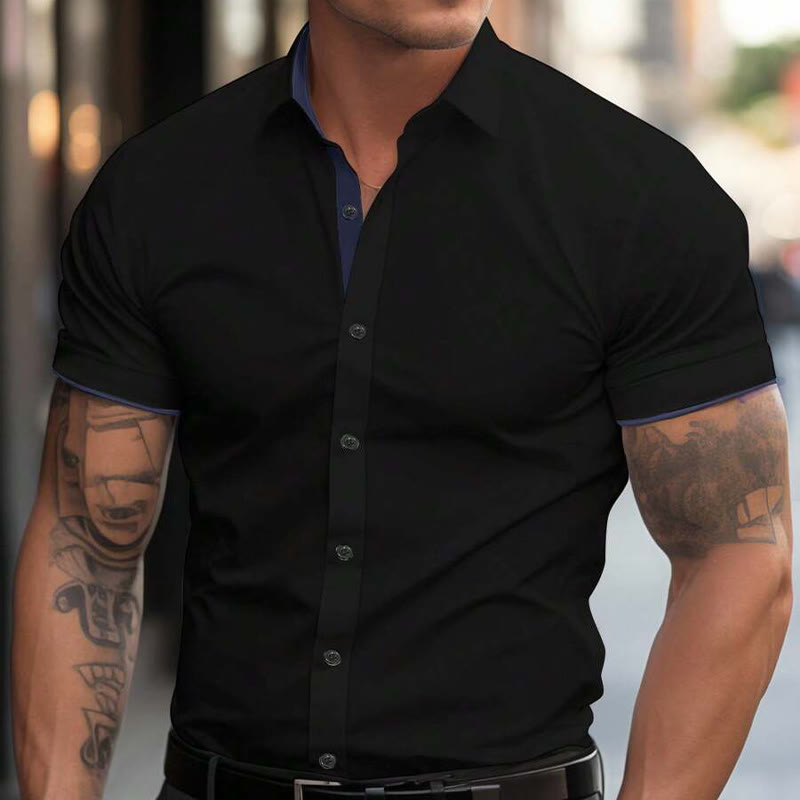 Men's Summer Short Sleeve Stretch Athletic Casual Button Shirt - Black - 3XL - image 1