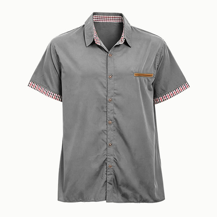 Men's Casual Plaid Trim Chest Pocket Short Sleeve Shirt - Grey - 3XL - image 16