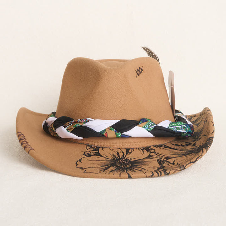 Western Sunflower Feather Decor Ethnic Strap Cowboy Hat - image 1