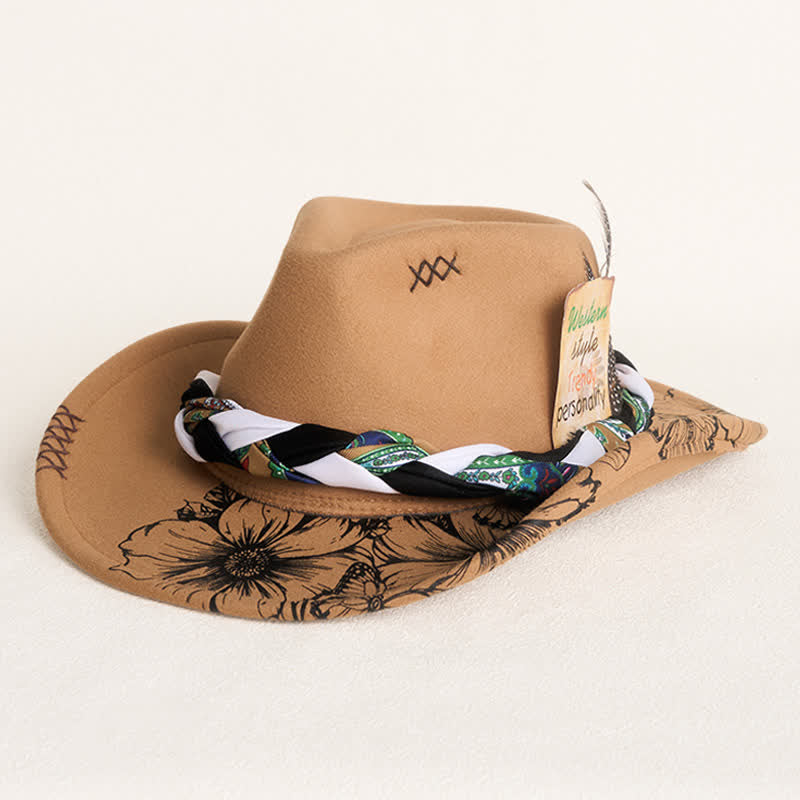 Western Sunflower Feather Decor Ethnic Strap Cowboy Hat - Khaki - M (22"-22 7/8") - image 0