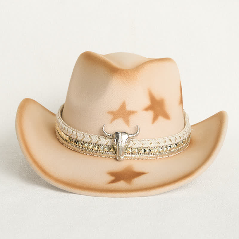 Men's Silver Bull Head Belt Stars Beige Cowboy Hat - image 1