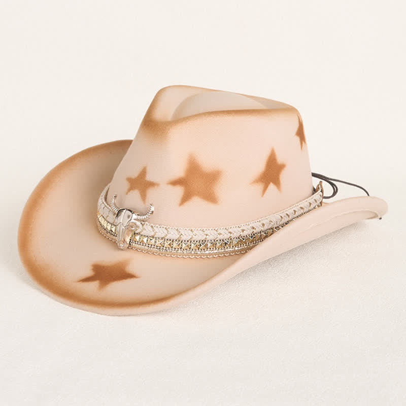 Men's Silver Bull Head Belt Stars Beige Cowboy Hat - Beige - M (22"-22 7/8") - image 0