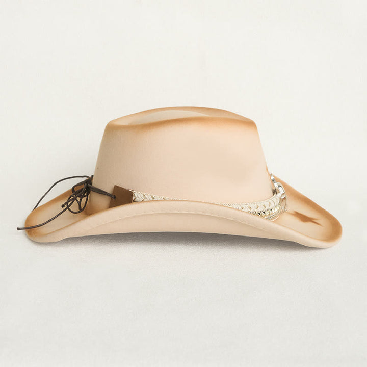 Men's Silver Bull Head Belt Stars Beige Cowboy Hat - image 4