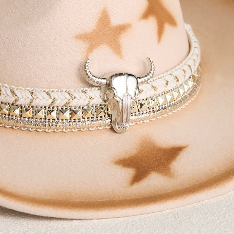 Men's Silver Bull Head Belt Stars Beige Cowboy Hat - image 2