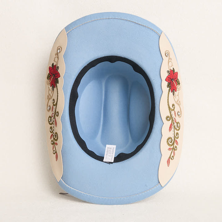  Flower Embroidered Ruby Brim Belt Men's Cowboy Hat - image 8