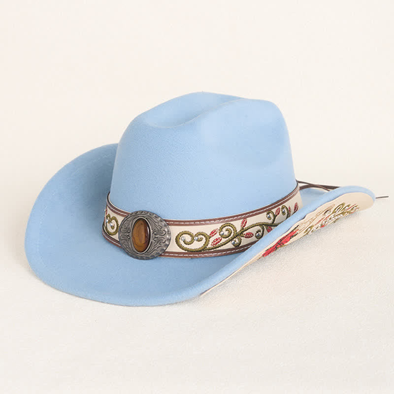  Flower Embroidered Ruby Brim Belt Men's Cowboy Hat - Sky Blue - M (22"-22 7/8") - image 0