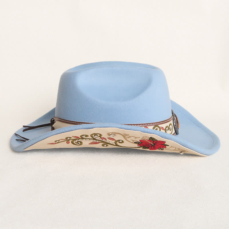  Flower Embroidered Ruby Brim Belt Men's Cowboy Hat - image 5