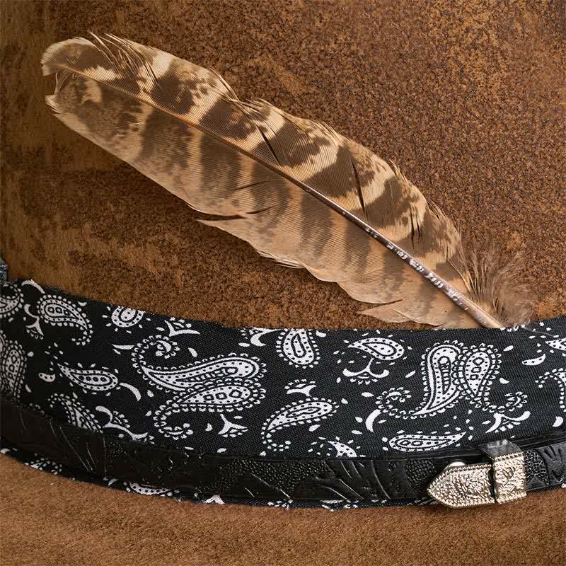 Paisley Leather Strap Feathers Wool Cowboy Hat - image 2