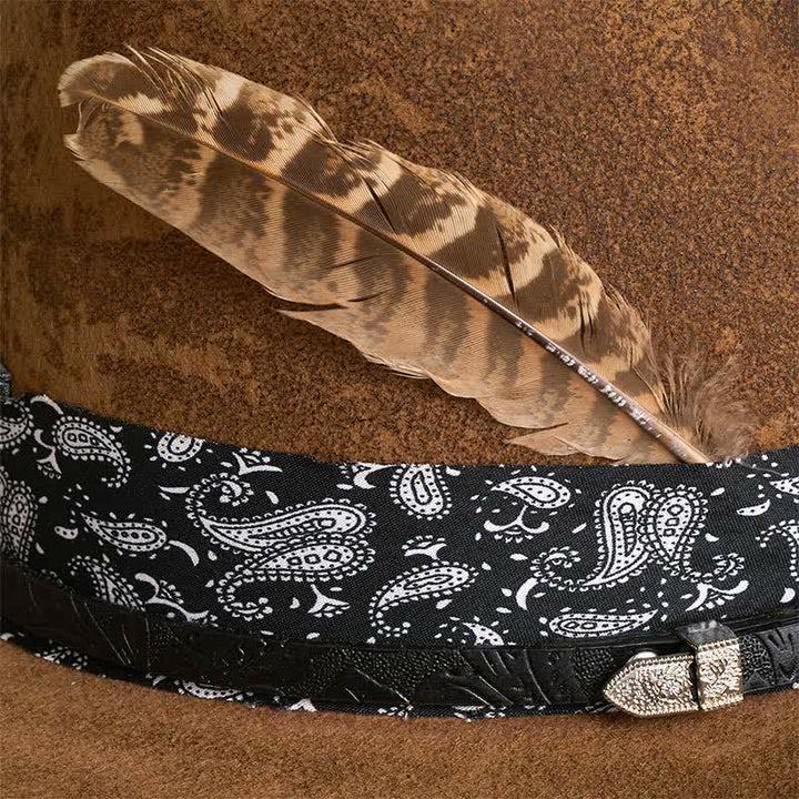 Paisley Leather Strap Feathers Wool Cowboy Hat - image 2