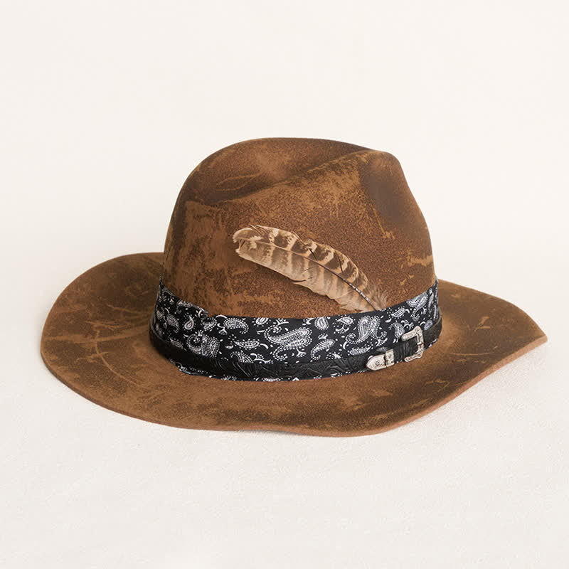 Paisley Leather Strap Feathers Wool Cowboy Hat - Camel - M (22"-21 7/8") - image 0