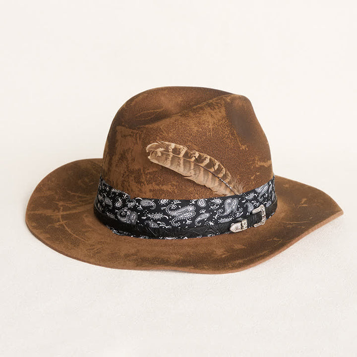 Paisley Leather Strap Feathers Wool Cowboy Hat - Camel - M (22"-21 7/8") - image 0
