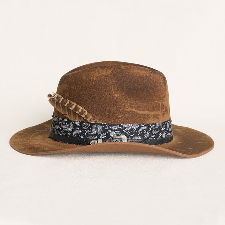 Paisley Leather Strap Feathers Wool Cowboy Hat - image 4