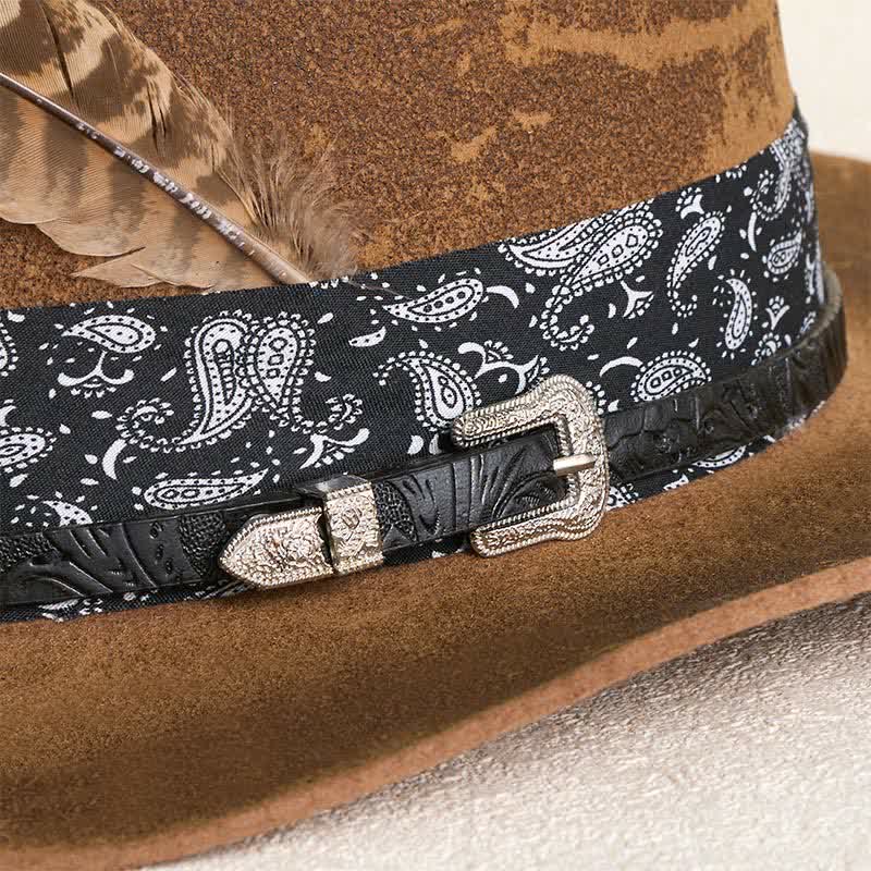 Paisley Leather Strap Feathers Wool Cowboy Hat - image 3