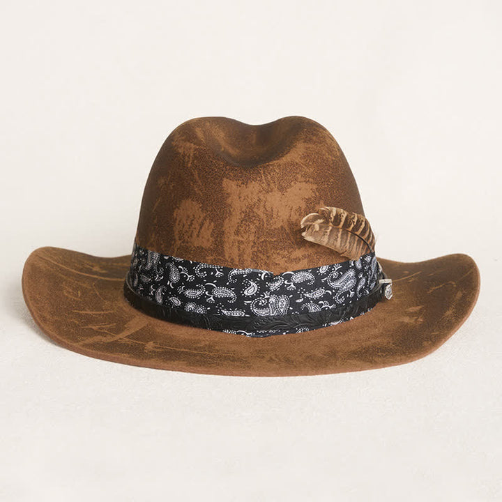 Paisley Leather Strap Feathers Wool Cowboy Hat - image 1