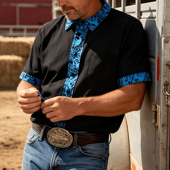 Men's Fashion Short Sleeve Contrast Cuff Collar Button Shirt - Blue - 6XL - image 0