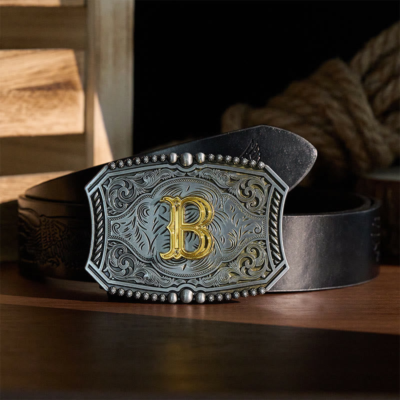 Vintage Initial Letter Square DIY Buckle Leather Belt - image 1