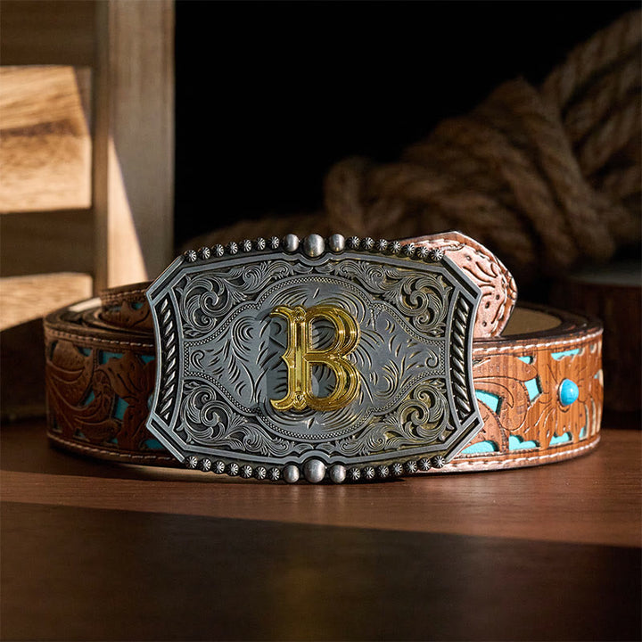 Vintage Initial Letter Square DIY Buckle Leather Belt - image 2