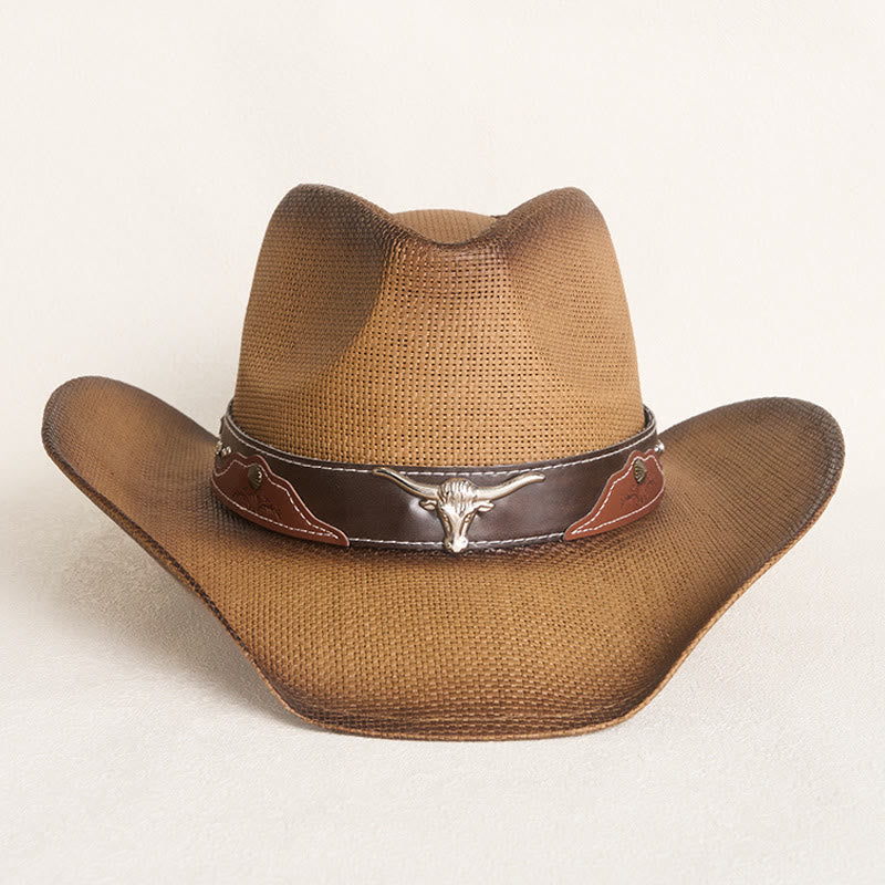 Vintage Bull Head Decorated Wide Brim Western Cowboy Straw Hat - image 1