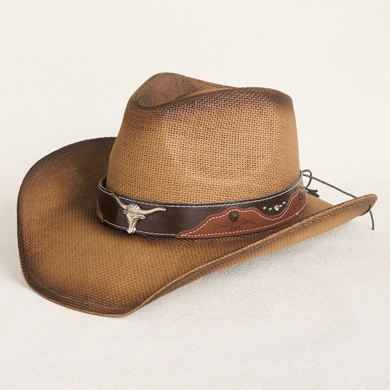 Vintage Bull Head Decorated Wide Brim Western Cowboy Straw Hat - Coffee - M (22"-22 7/8") - image 0