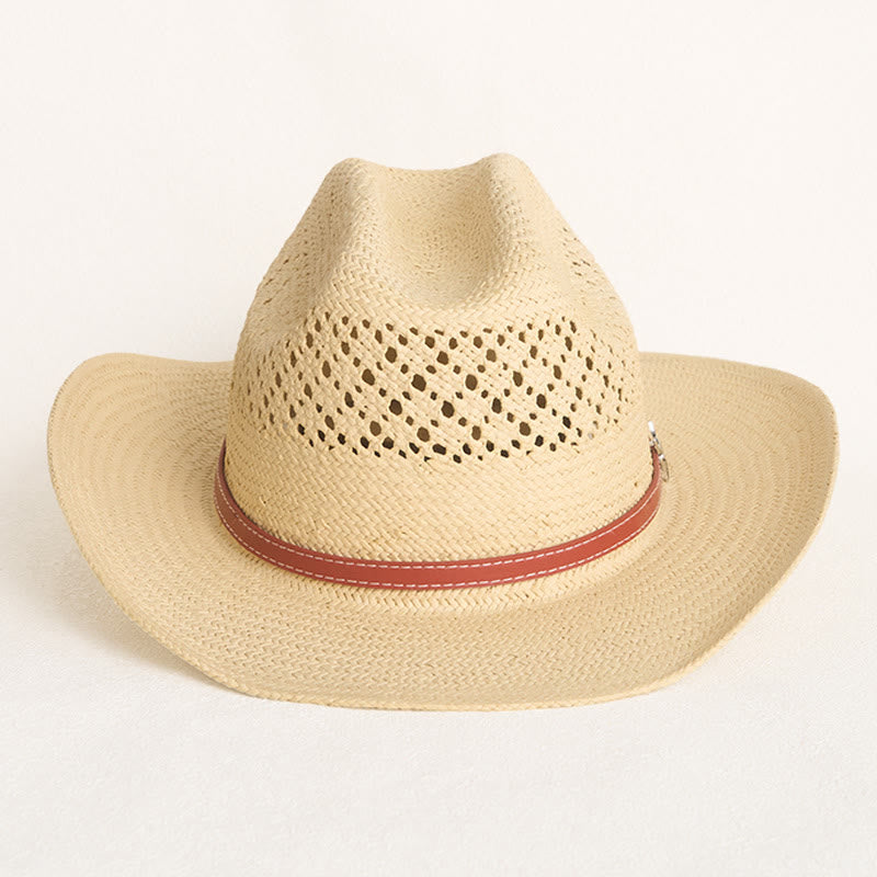 Wide Brim Straw Cowboy Hat With Leather Band For Couples Beach Hat - image 1