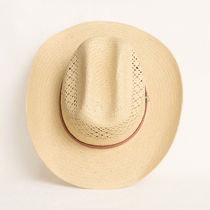 Wide Brim Straw Cowboy Hat With Leather Band For Couples Beach Hat - image 6