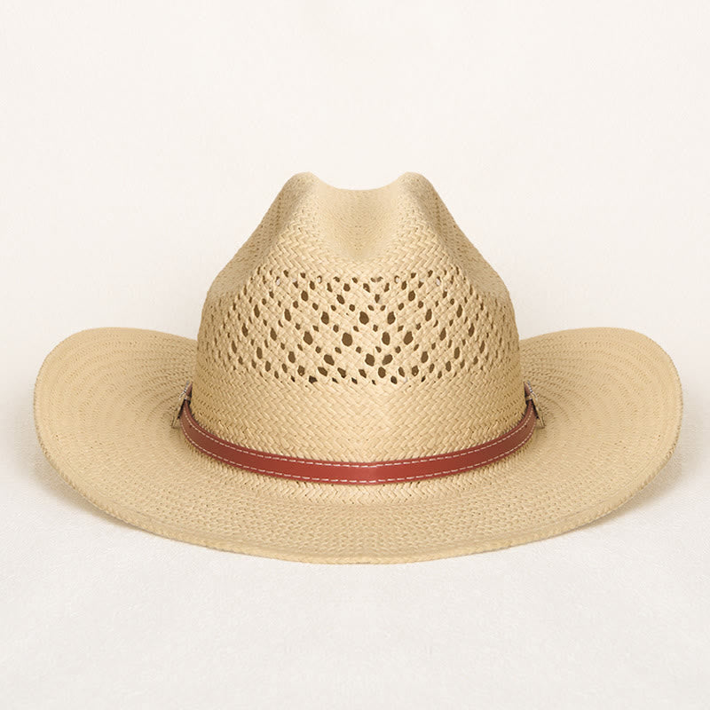 Wide Brim Straw Cowboy Hat With Leather Band For Couples Beach Hat - image 4