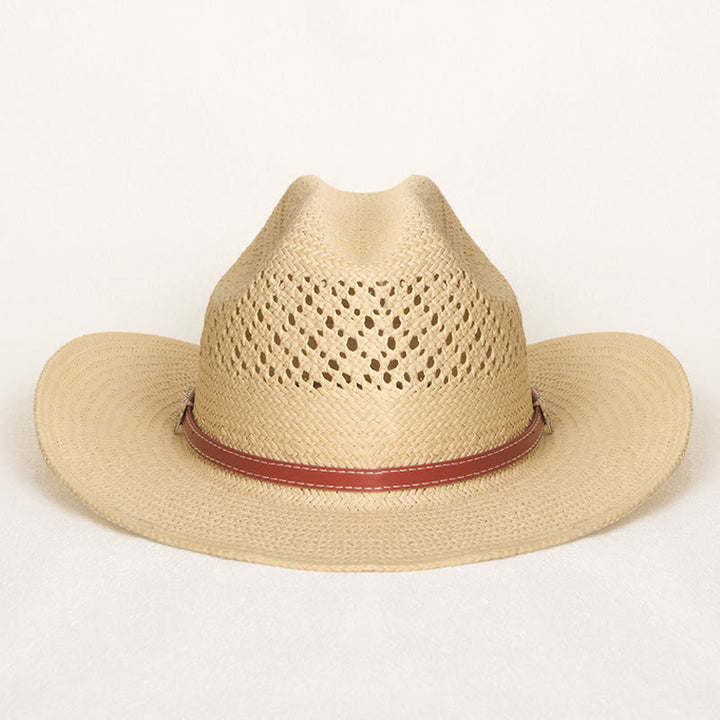 Wide Brim Straw Cowboy Hat With Leather Band For Couples Beach Hat - image 4