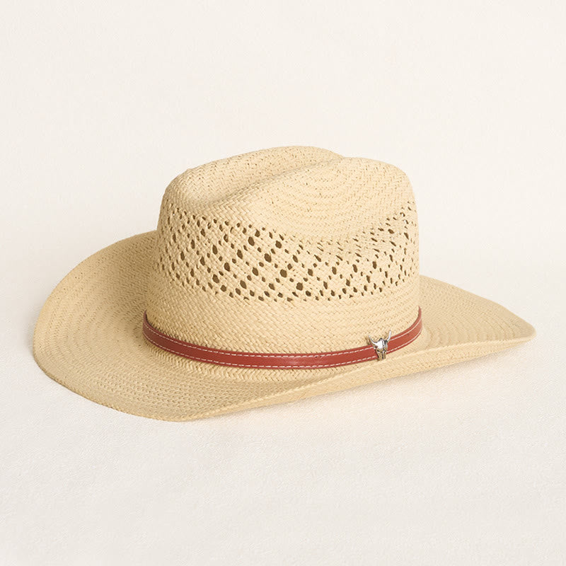 Wide Brim Straw Cowboy Hat With Leather Band For Couples Beach Hat - Beige - M (22"-22 7/8") - image 0