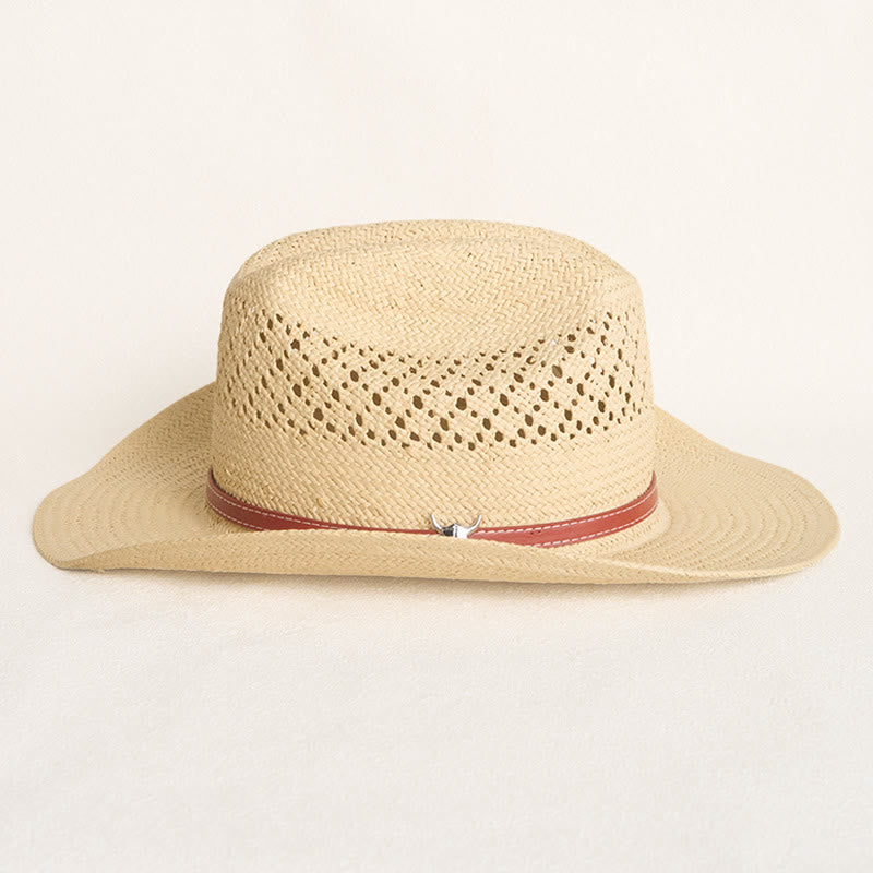 Wide Brim Straw Cowboy Hat With Leather Band For Couples Beach Hat - image 5