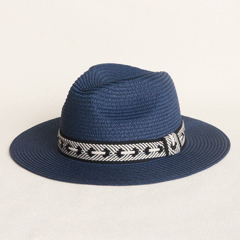 Women's Flat Top Straw Hat With Decorative Band Sun Hat - Navy Blue - Adjustable (About 22"-22 7/8") - image 0