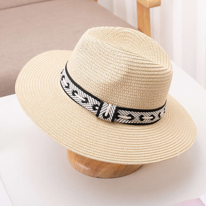 Women's Flat Top Straw Hat With Decorative Band Sun Hat - Beige - Adjustable (About 22"-22 7/8") - image 8