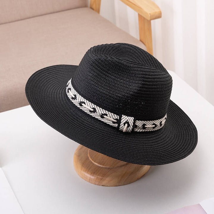 Women's Flat Top Straw Hat With Decorative Band Sun Hat - Black - Adjustable (About 22"-22 7/8") - image 10