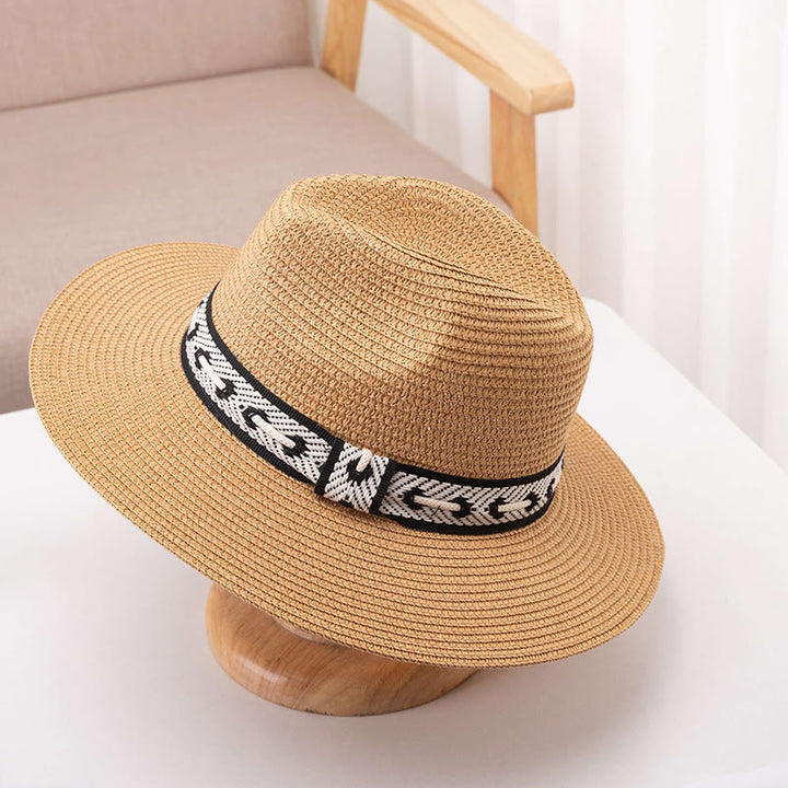 Women's Flat Top Straw Hat With Decorative Band Sun Hat - Khaki - Adjustable (About 22"-22 7/8") - image 9
