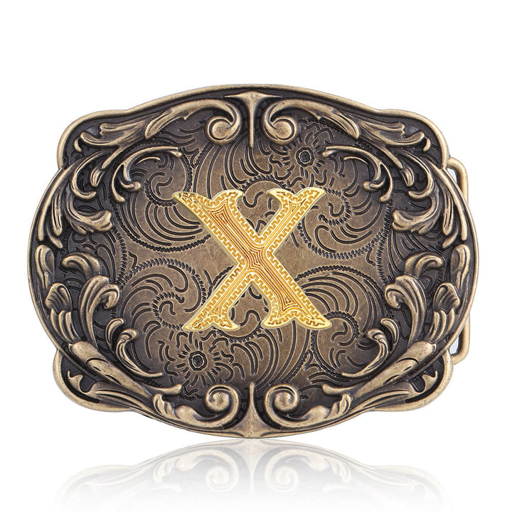Retro Totem Initial Letter Western DIY Buckle Leather Belt - X - Without Belt - image 27