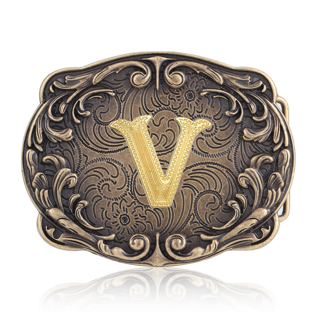 Retro Totem Initial Letter Western DIY Buckle Leather Belt - V - Without Belt - image 25