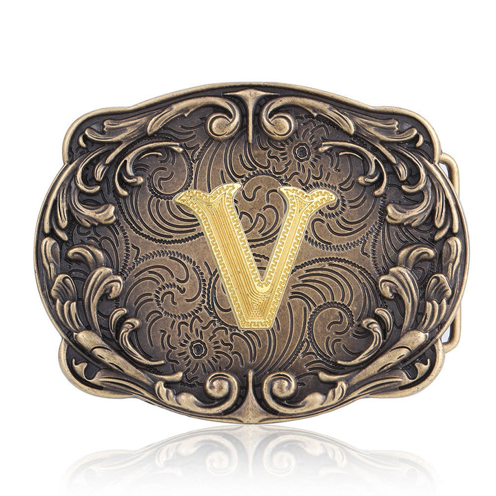 Retro Totem Initial Letter Western DIY Buckle Leather Belt - V - Without Belt - image 25