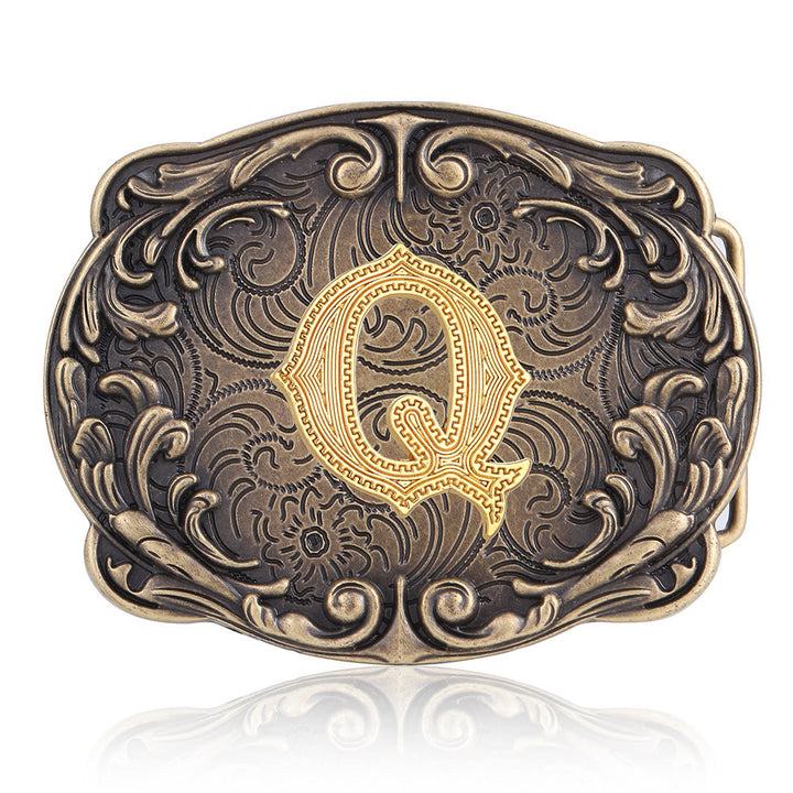 Retro Totem Initial Letter Western DIY Buckle Leather Belt - Q - Without Belt - image 20