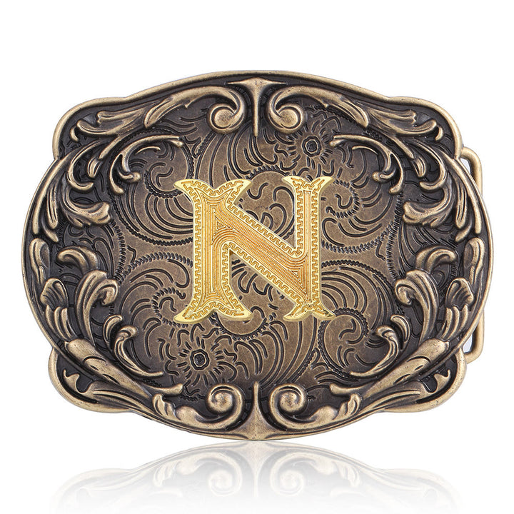 Retro Totem Initial Letter Western DIY Buckle Leather Belt - N - Without Belt - image 17