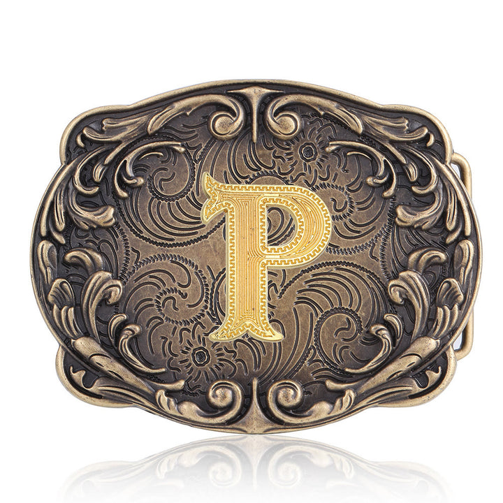 Retro Totem Initial Letter Western DIY Buckle Leather Belt - P - Without Belt - image 19