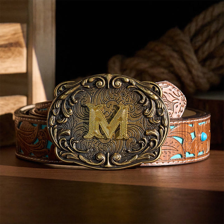 Retro Totem Initial Letter Western DIY Buckle Leather Belt - image 2