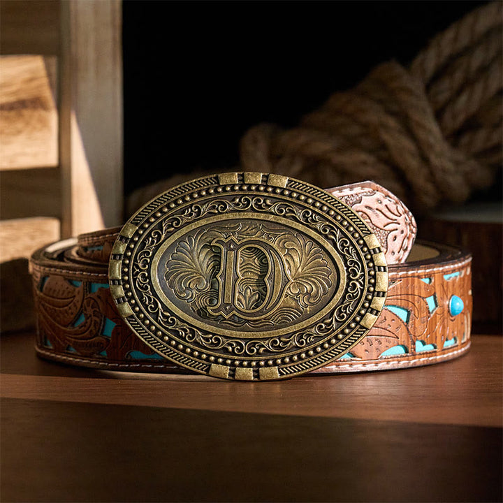 Western Oval Initial Letter Carved DIY Buckle Leather Belt - image 2