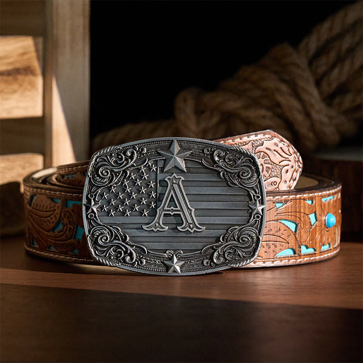 Western Star Flag Initial Letter DIY Buckle Leather Belt - image 2