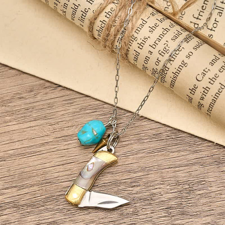 Abalone Turquoise & Brass Wearable Utility Pocket Knife Necklace - Bronze - image 0
