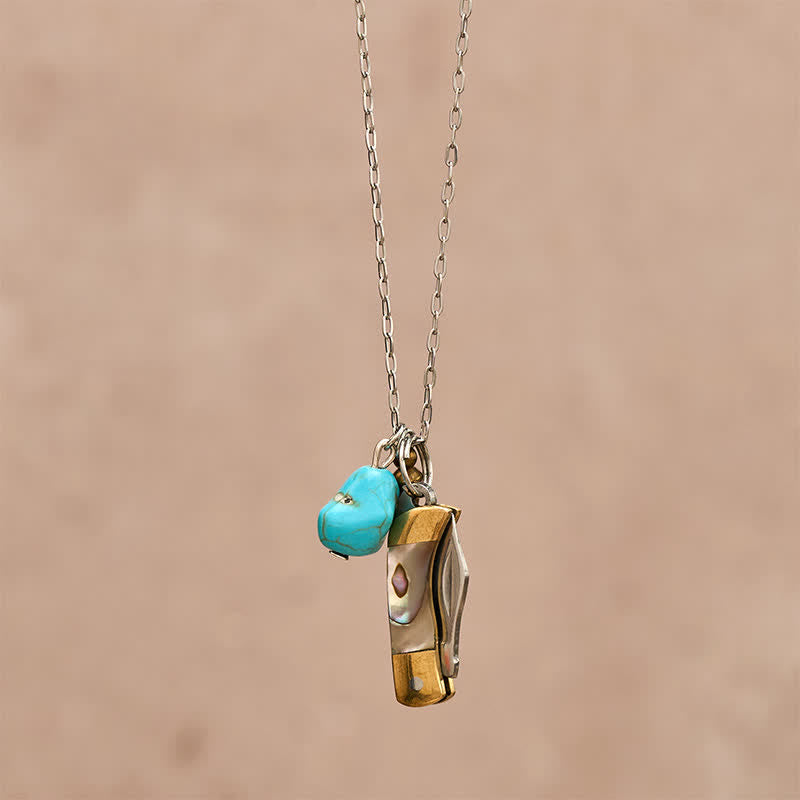 Abalone Turquoise & Brass Wearable Utility Pocket Knife Necklace - image 5